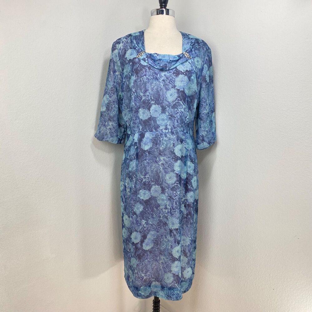 Vintage 50/60 Mendel Blue Floral Silk Chiffon Dress Large Midi 3/4 Sleeves Lined
